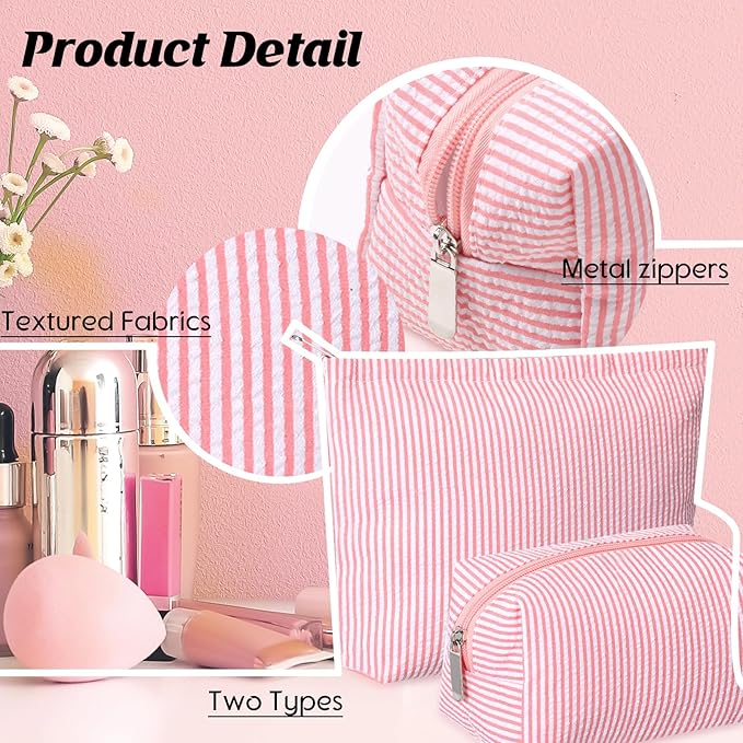 2 Pcs Makeup Bag Set Cute Cosmetic Pouch for Women Seersucker Travel Toiletry Bag Preppy Small Makeup Purse Pouch Aesthetic Skincare Brushes Storage Organizer for Valentine Women(Rose Pink)