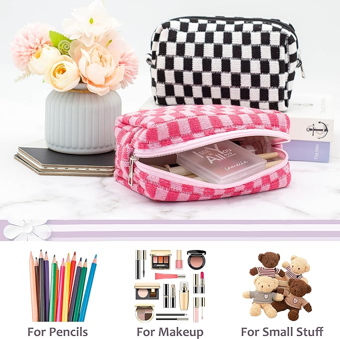 PAZIMIIK Checkered Makeup Bag for Purse Portable Zipper Make Up Pouch Small Cosmetic Case for Travel Accessories (2PCS Blue Hotpink)