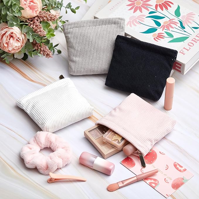 Abbylike 4 Pcs Small Makeup Bag Corduroy Cosmetic Pouch with Zipper Portable Little Bags for Purse Mini Pouch Cute Makeup Purse for Coin Essentials Items Women (Clean)