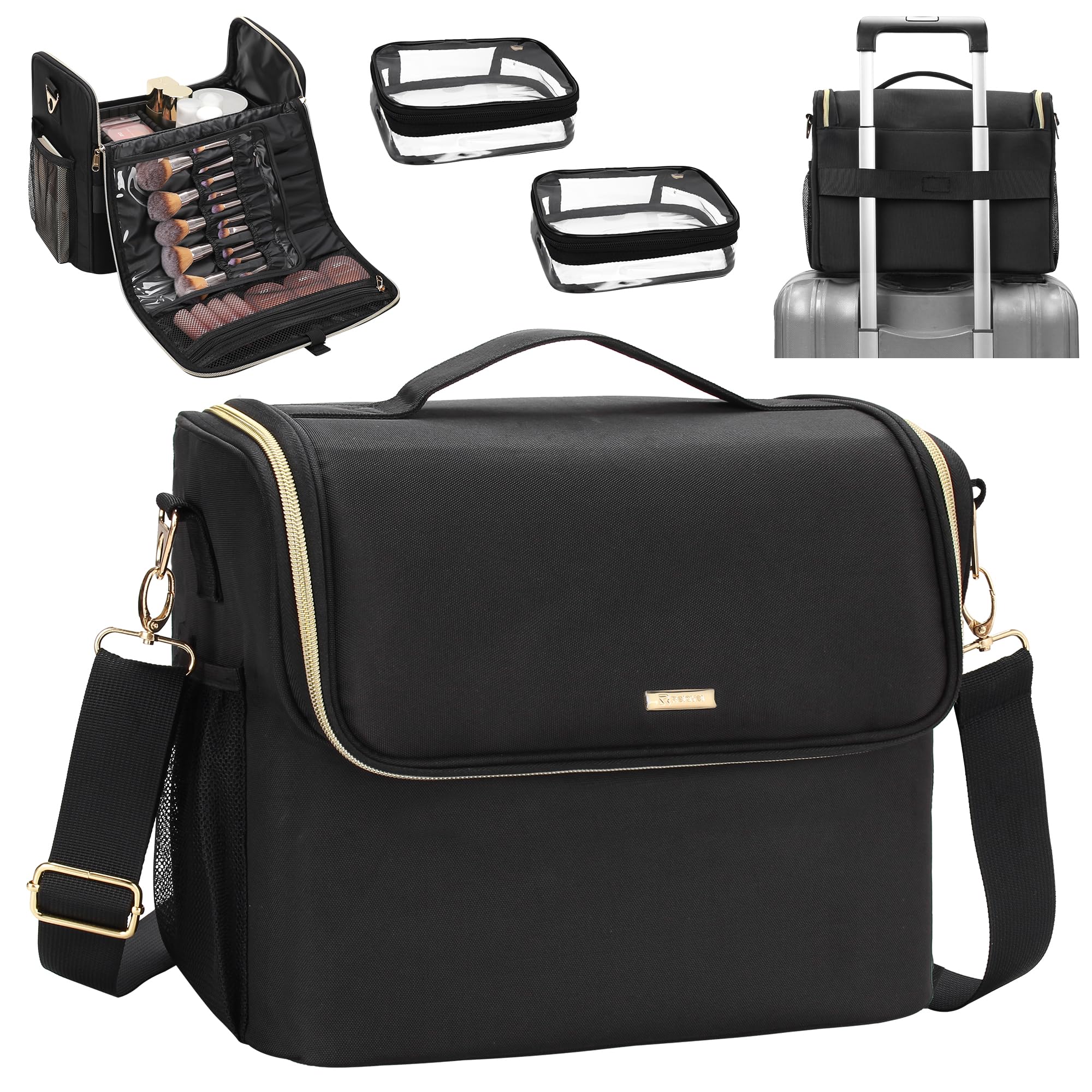 Large Makeup Carrying Train Case, Makeup Bag with 2 Small Bags, Professional Makeup Artist Bag Tattoo Case Travel Makeup Organizer Box with Adjustable Dividers and Shoulder Strap (Black)