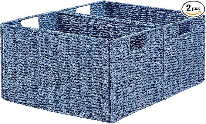 Vagusicc Wicker Storage Basket, Set of 2 Hand-Woven Paper Rope Wicker Basket, Small Storage Baskets for Organizing Toilet Paper Basket, Foldable Large Cube Storage Organizer Bins for Shelves (Blue)