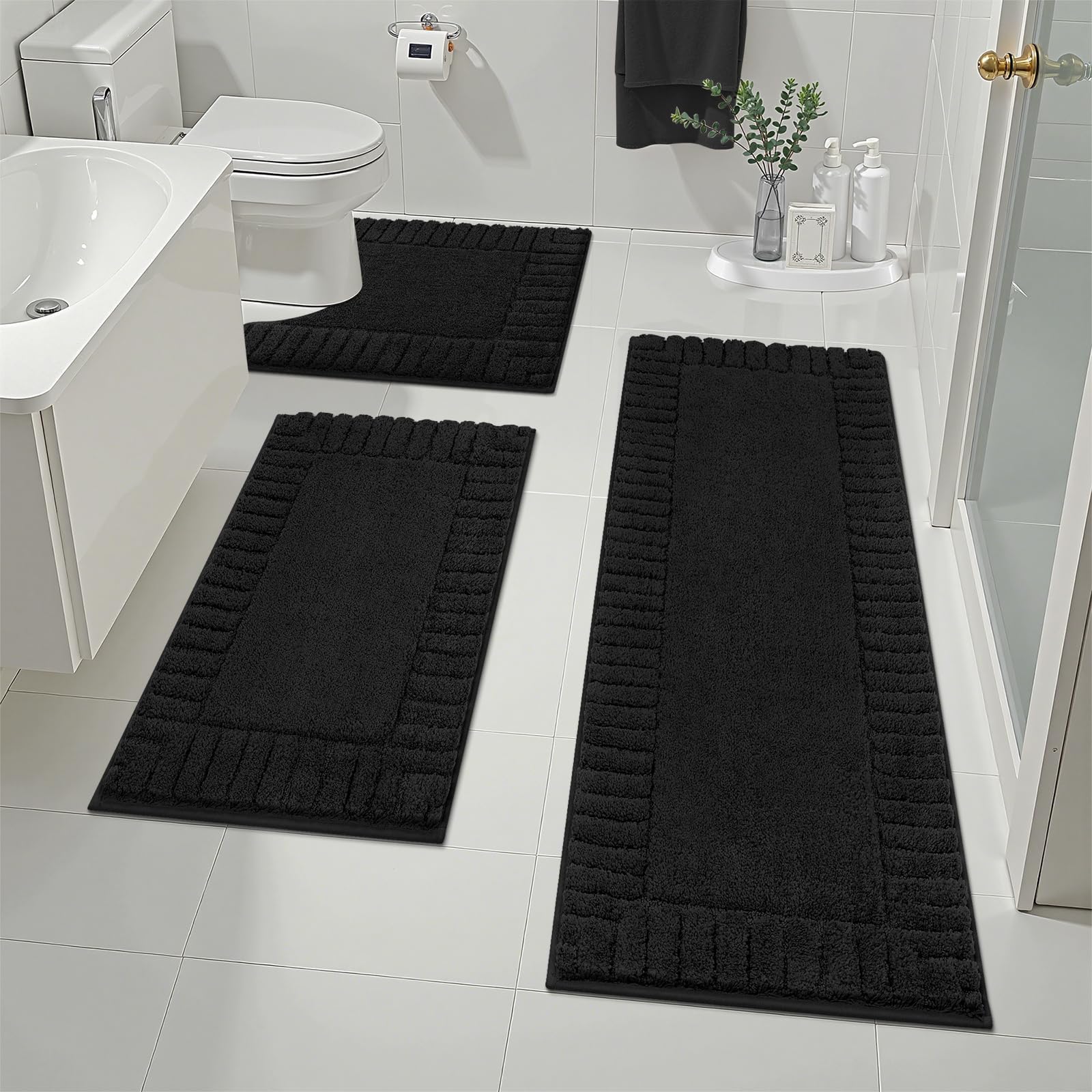 Pauwer Bathroom Rugs Sets 3 Piece, Microfiber Bath Mat Set, Black