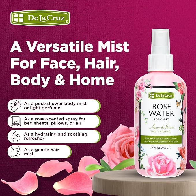 De La Cruz Rose Water Spray, No Parabens or Artificial Colors, Vegan, Made in USA 8 FL. OZ. (6 Bottles)