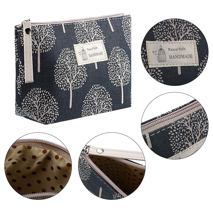 Boao 4 Pcs Canvas Cosmetic Pouches for Purse Makeup Bags Set Small with Zipper Cute Multi Functional Toiletry Travel Organizer for Back to School Women Gift, 4 Styles(Small,Arrow, Plaid, Tree, Leave)
