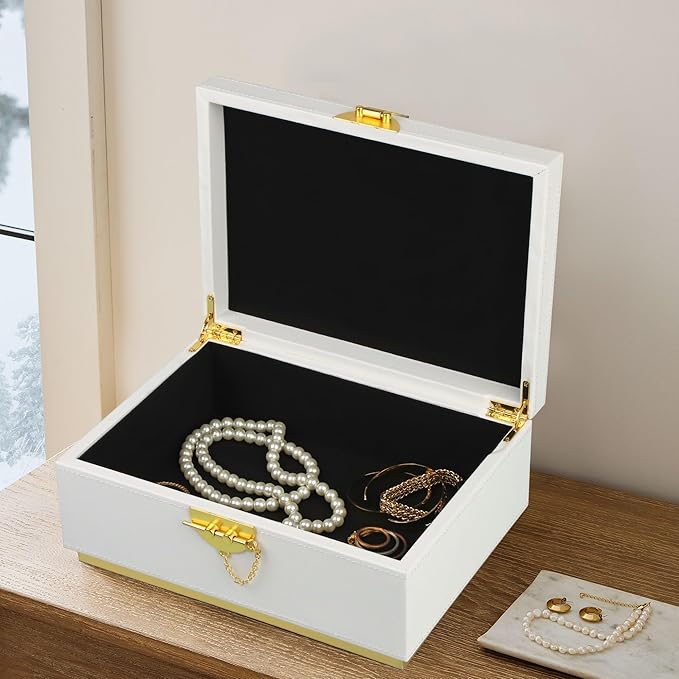 HofferRuffer Elegant Faux Leather Decorative Box, Storage Jewelry Box Organizer, Large Dresser Cosmetic Organizer Holder, Classic Jewelry Accessory Organizer, 11x8x4.8 inches (White)