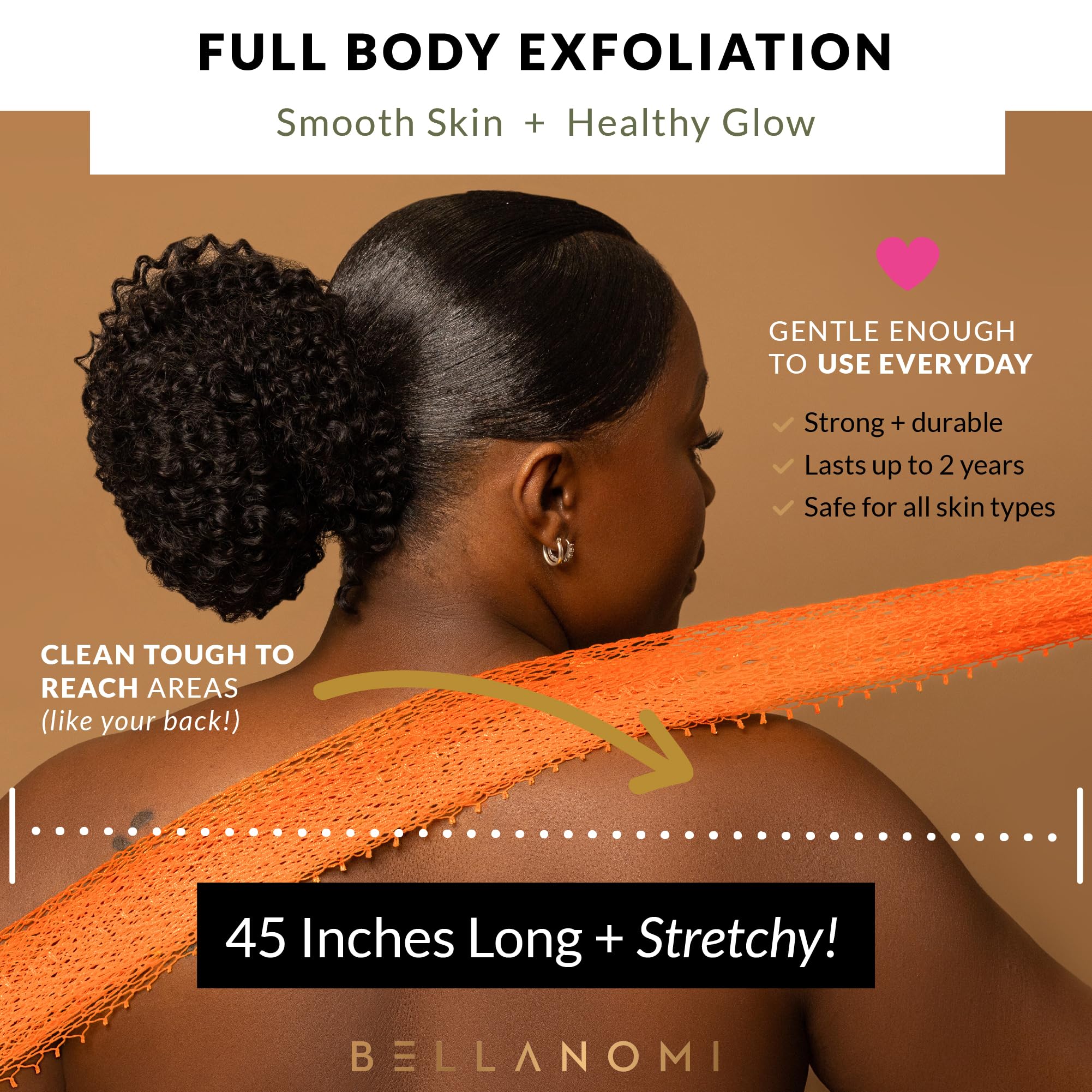 BELLANOMI African Exfoliating Net Sponge, Authentic, Ethically sourced from Nigeria, 45 inches Long, Back Scrubber for Daily use (Orange)
