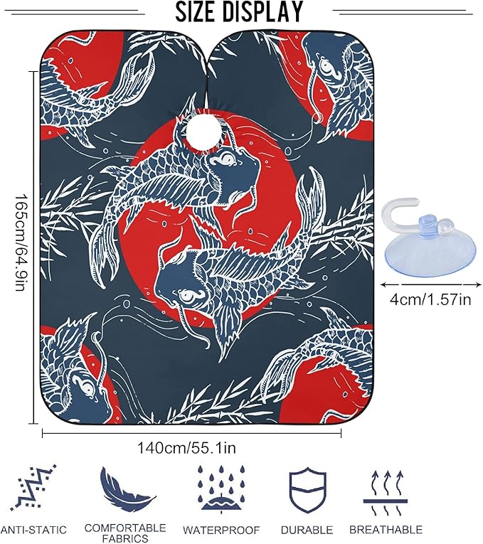 visesunny Barber Cape Japanese Art Carp Polyester Hair Cutting Salon Cape Apron Anti-Static Haircut Water-Resistant Shaving Cloth Beard Shaving Bib Hairdressing Cape