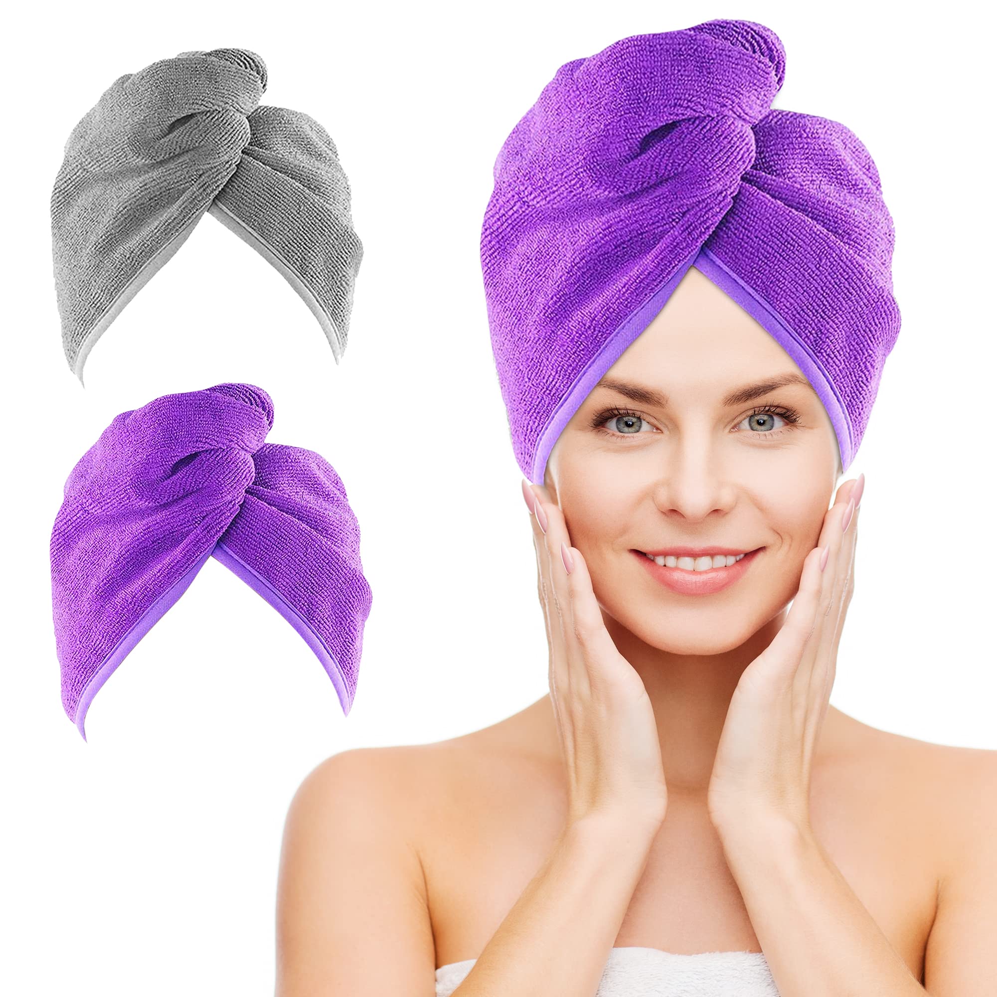 NEXCOVER Hair Towel Microfiber, 2 Pack Grey Purple 9.8 inch X 25.5 inch Hair Wrap,Ultra Absorbent Hair Turbans,Fast Drying Head Towels for Women Wet Hair,Long,Curly,Thick,Frizzy Hair