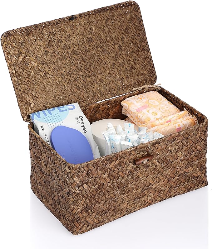 Sumnacon Wicker Basket with Lid Rectangle Woven Baskets for Toiletries Tampon Storage,Wicker Storage Basket with Lid,Decorative Seagrass Storage Baskets for Shelf Bathroom Toilet Table, Coffee