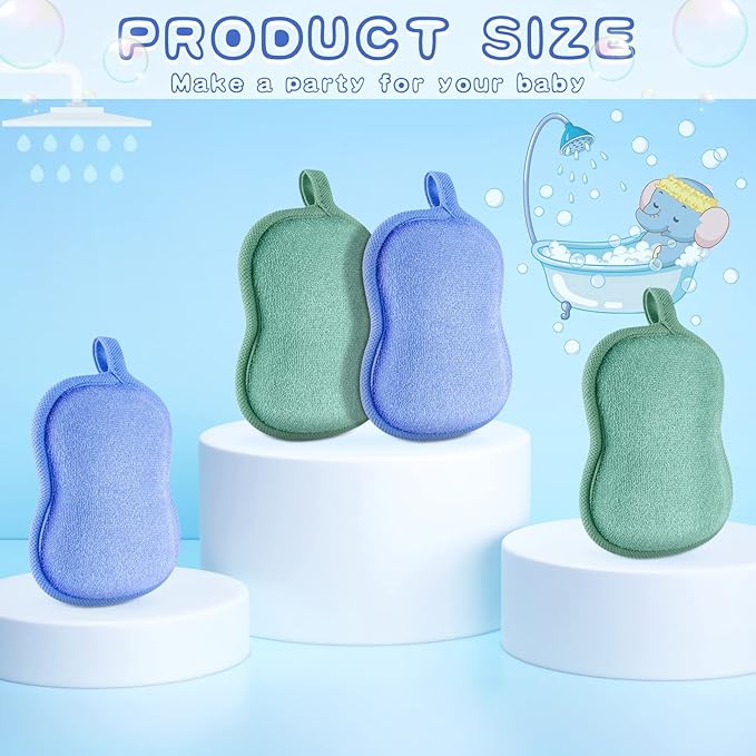 Tatuo 4 Pieces Baby Bath Sponge Toddler Bath Sponge Soft Comfy Cotton Absorbent Loofah for Kids Babies Boy Girl(Green, Blue)