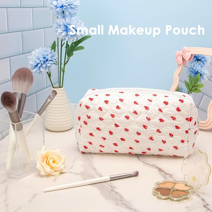 PAZIMIIK Small Quilted Makeup Bag,Zipper Cosmetic Pouch,Strawberry