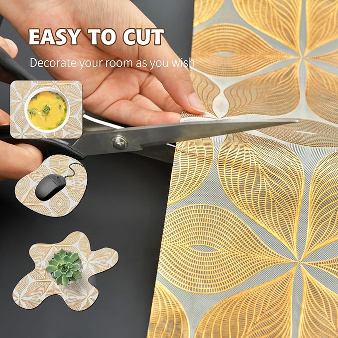 Drawer and Shelf Liner for Kitchen Cabinet,Non-Adhesive Waterproof Drawer Liner for Dresser & Bathroom Vanities with Adhesive Dots & Cutting Tool(18 in X 20 Ft Gold Leaf Pattern)