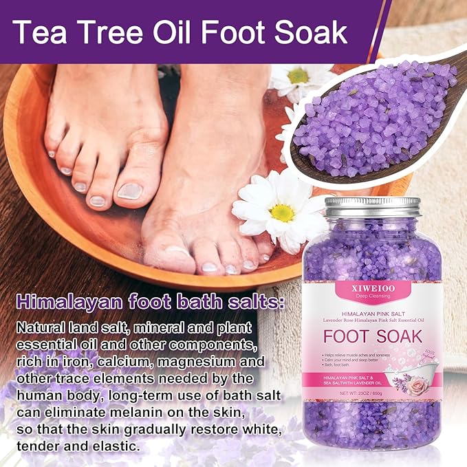 Pack of 4 lavender Himalayan Pink FOOT SOAK SALT Kit Tea Tree OiFoot Callus Remover Gel Kit Foot Files Set Moisturize, Foot Odor cream spa massager Epsom Salt pedicure at home spa