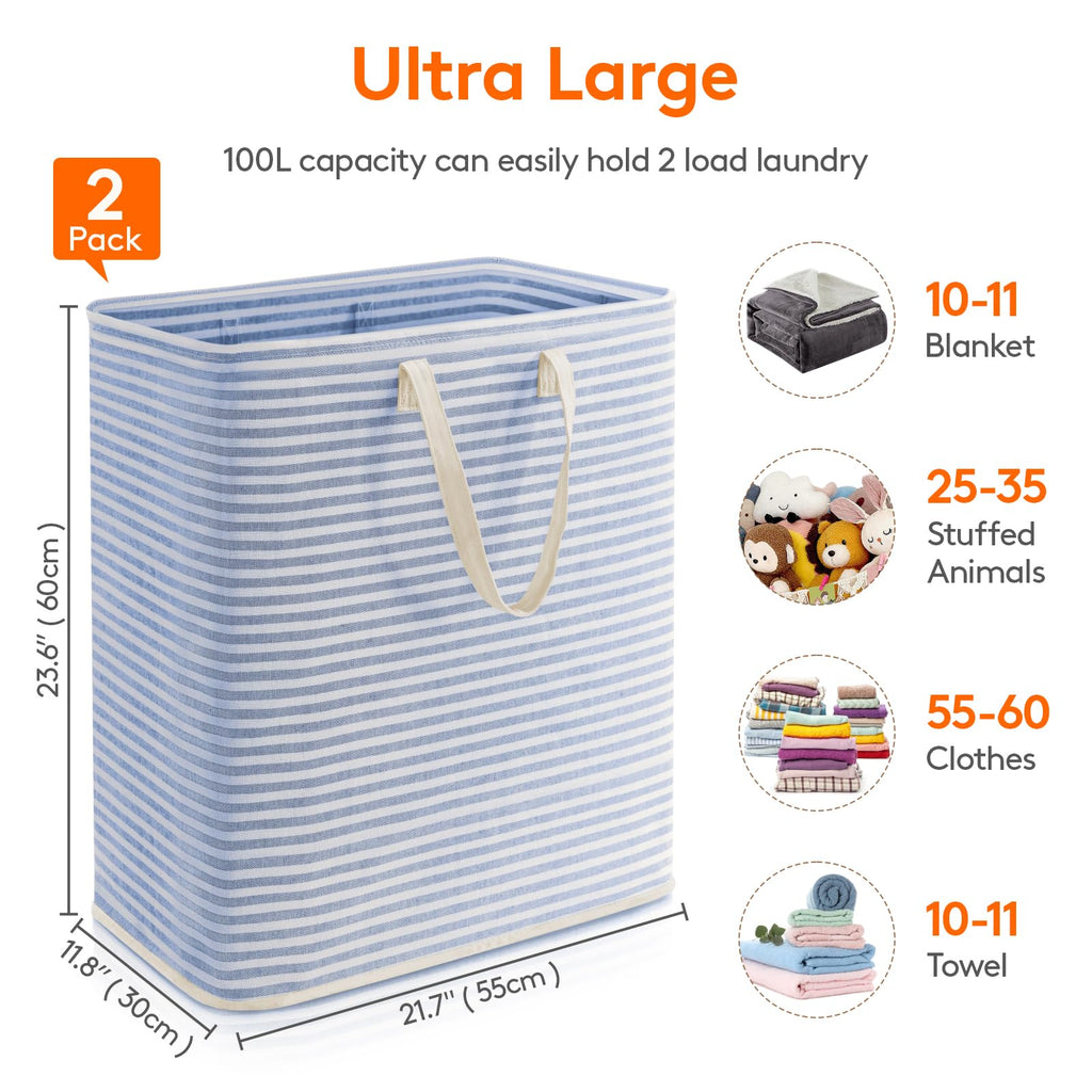 Lifewit 2 Pack Laundry Basket 100L Each, Collapsible Clothes Hamper with Reinforced Handles, Freestanding Waterproof Design for Bedroom and Laundry Room, Blue 200L Total