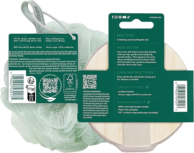 EcoTools Dry Body Brush for Circulation, Dead Skin Removal + Green Delicate EcoPouf Made with Recycled Netting for Cleansing and Exfoliating Sensitive Complexion, Self-Care Gifts