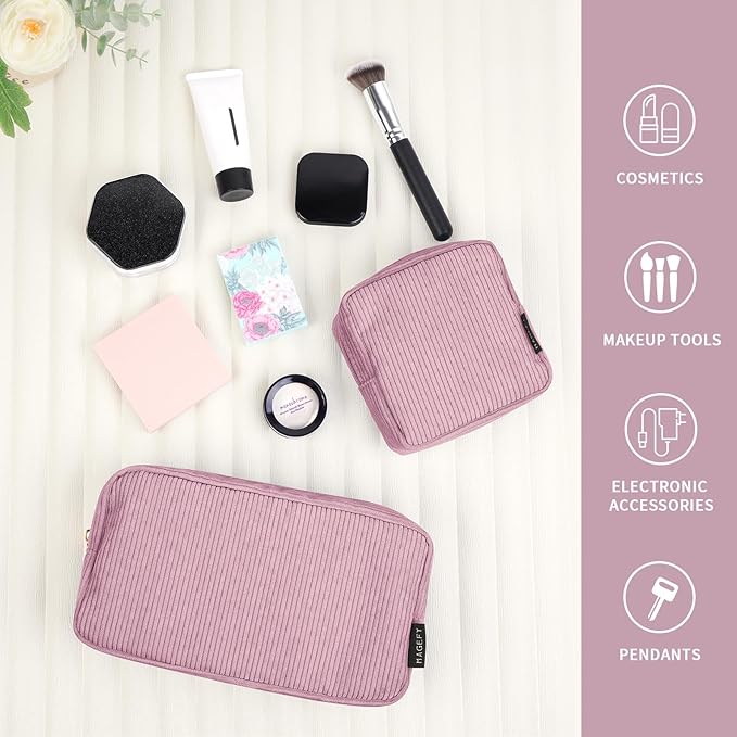 MAGEFY Makeup Bag for Purse, 2 Pcs Corduroy Cosmetic Bag for Women Small Travel Makeup Pouch with Zipper(Pink)