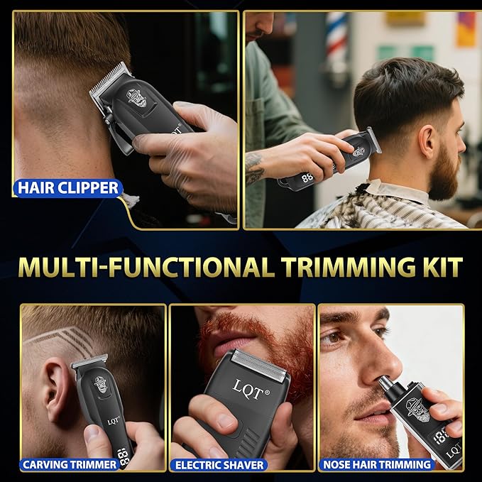 Hair Clippers for Men, 4-Piece Professional Grooming Kit Includes Hair Clipper, LED Power Display,Detail Trimmer and Nose Trimmer, Complete Cordless Set for Home Barber Use (Black)