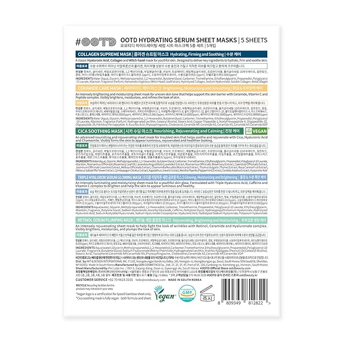 Hydrating Sheet Mask Starter Kit Variety Pack for Dry and Sensitive Skin, Korean Vegan Facial Sheet Mask for Men & Women, Collagen, Cica, Ceramide, Retinol (5-Count)