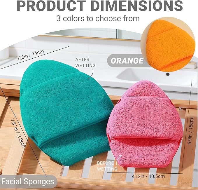 Extra Large Face Scrubber Exfoliator Sponges 3-Pack, Reusable Face Wash Pads with Hand Strap, Exfoliating Facial Sponge Reusable Face Scrub Pads for Daily Cleansing(Pink Orange Green)