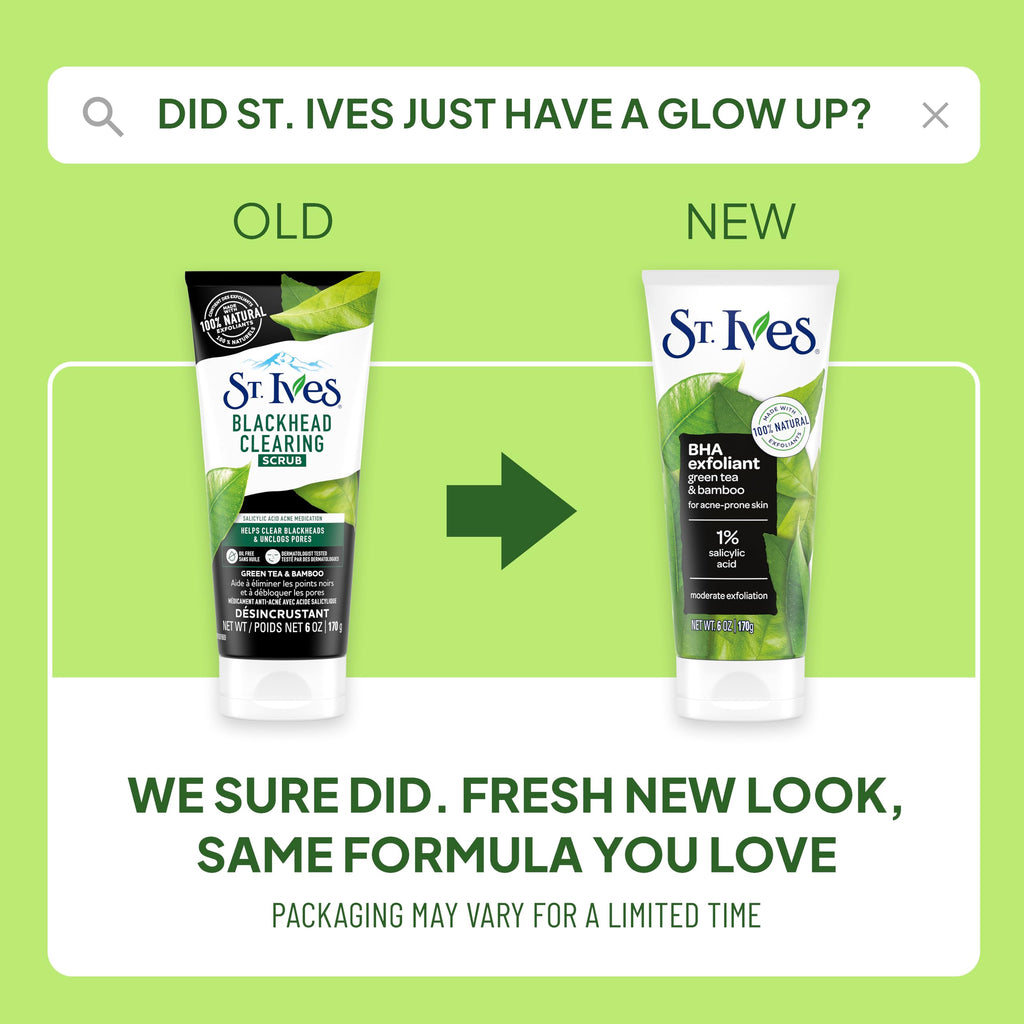 St. Ives Blackhead Clearing Face Scrub, Clears Blackheads & Unclogs Pores, Green Tea & Bamboo, Salicylic Acid Acne Treatment Facial Scrub, Moderate Exfoliator Skin Care with Natural Exfoliants 6 oz
