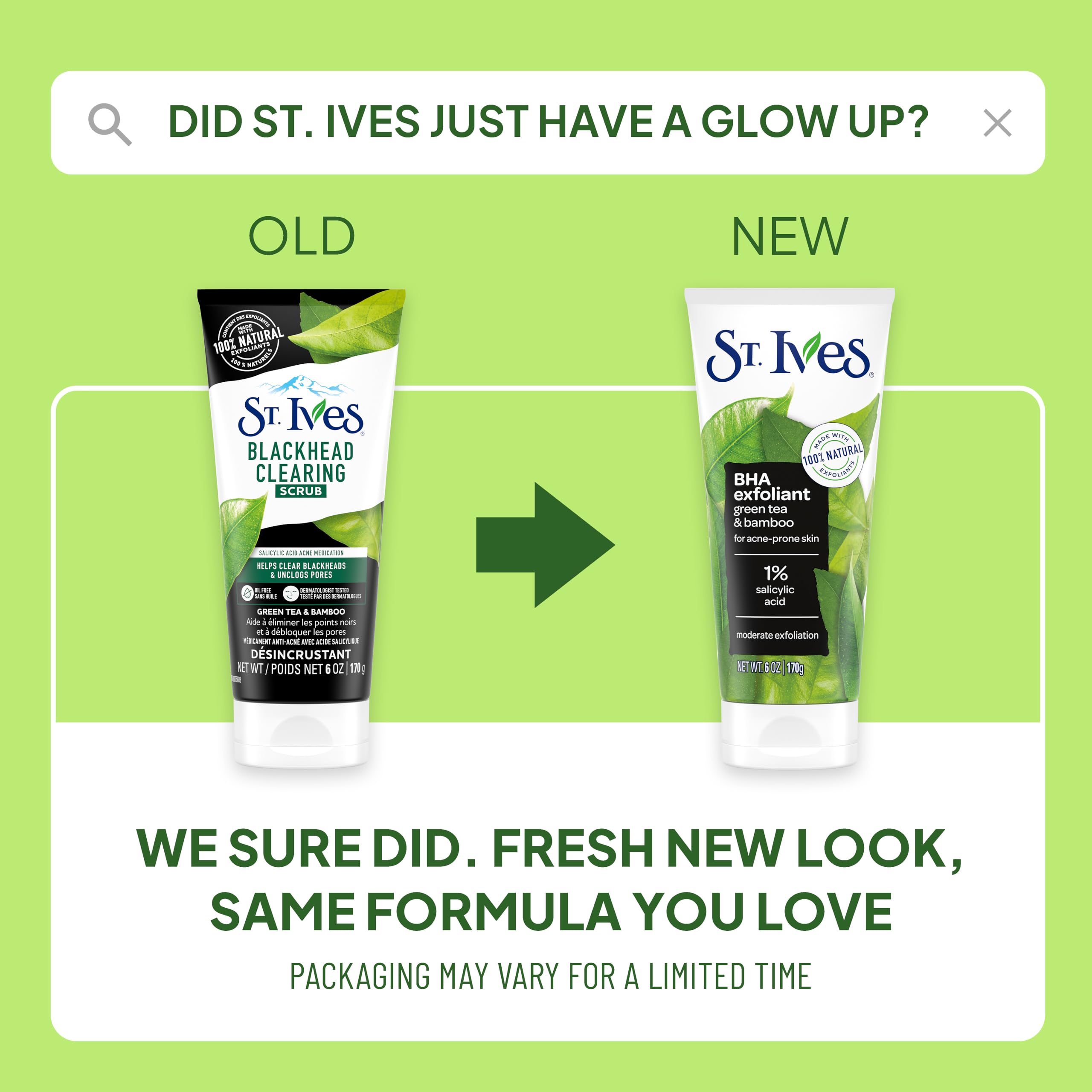 St. Ives Blackhead Clearing Face Scrub, Clears Blackheads & Unclogs Pores, Green Tea & Bamboo, Salicylic Acid Acne Treatment Facial Scrub, Moderate Exfoliator Skin Care with Natural Exfoliants 6 oz