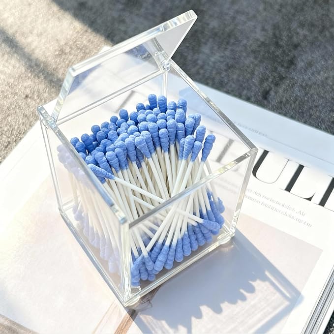 Dealpoli Clear Acrylic Qtip Holder with Lid, Cotton Balls Swab Organizer, 2.95" x 2.56" x 3.94" Dispenser for Makeup Pad, Floss Picks, Bath Salts, Cosmetic Storage Case, Home Bathroom Decor (DP058)