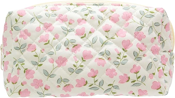 PAZIMIIK Small Quilted Makeup Bag,Zipper Cosmetic Pouch,Floral Pink