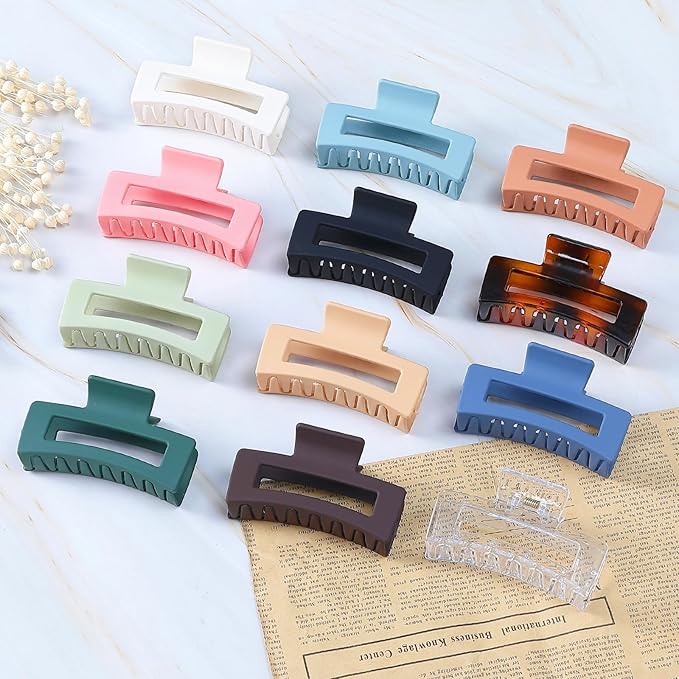 Sisiaipu 3.5 Inch Medium Hair Accessories - 12 Pcs Square Jaw Clips for Thick and Thin Hair, Rectangular Rectangle Basic Color Hair Clips for Women and Girls