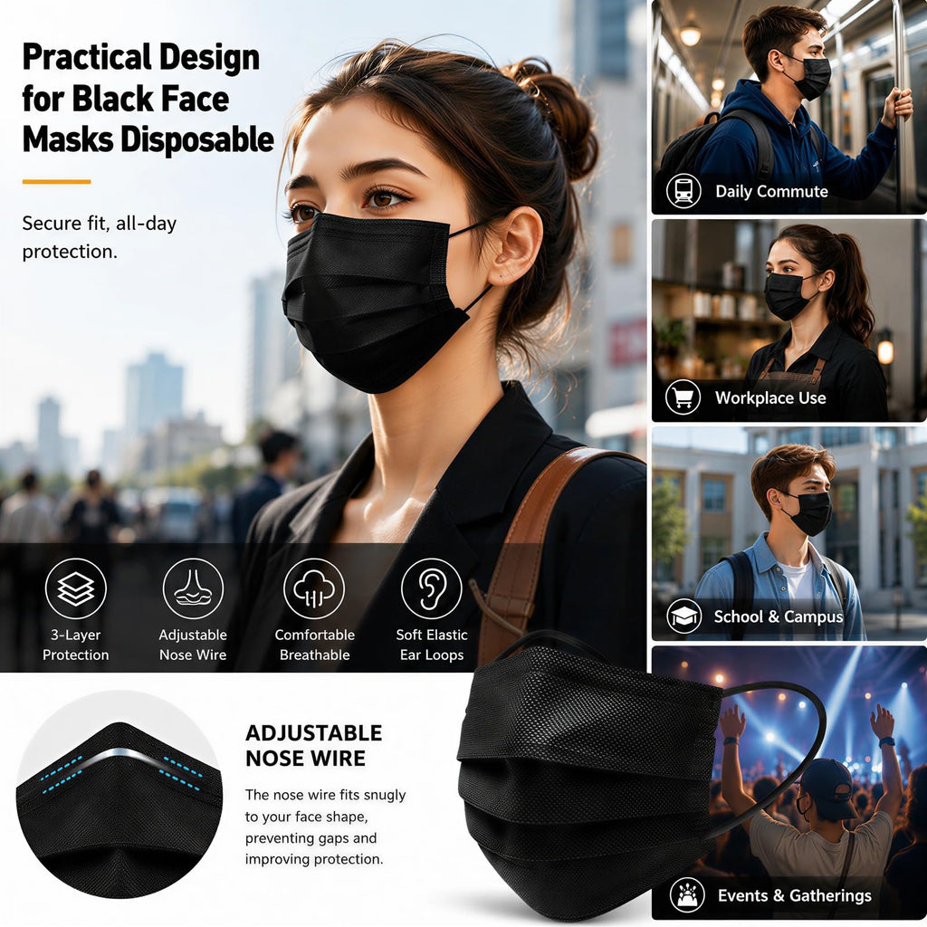 Hyegiir 3 Ply 500PCS Disposable Face Masks Individually Wrapped For Daily Protection (500pcs Black Mask)