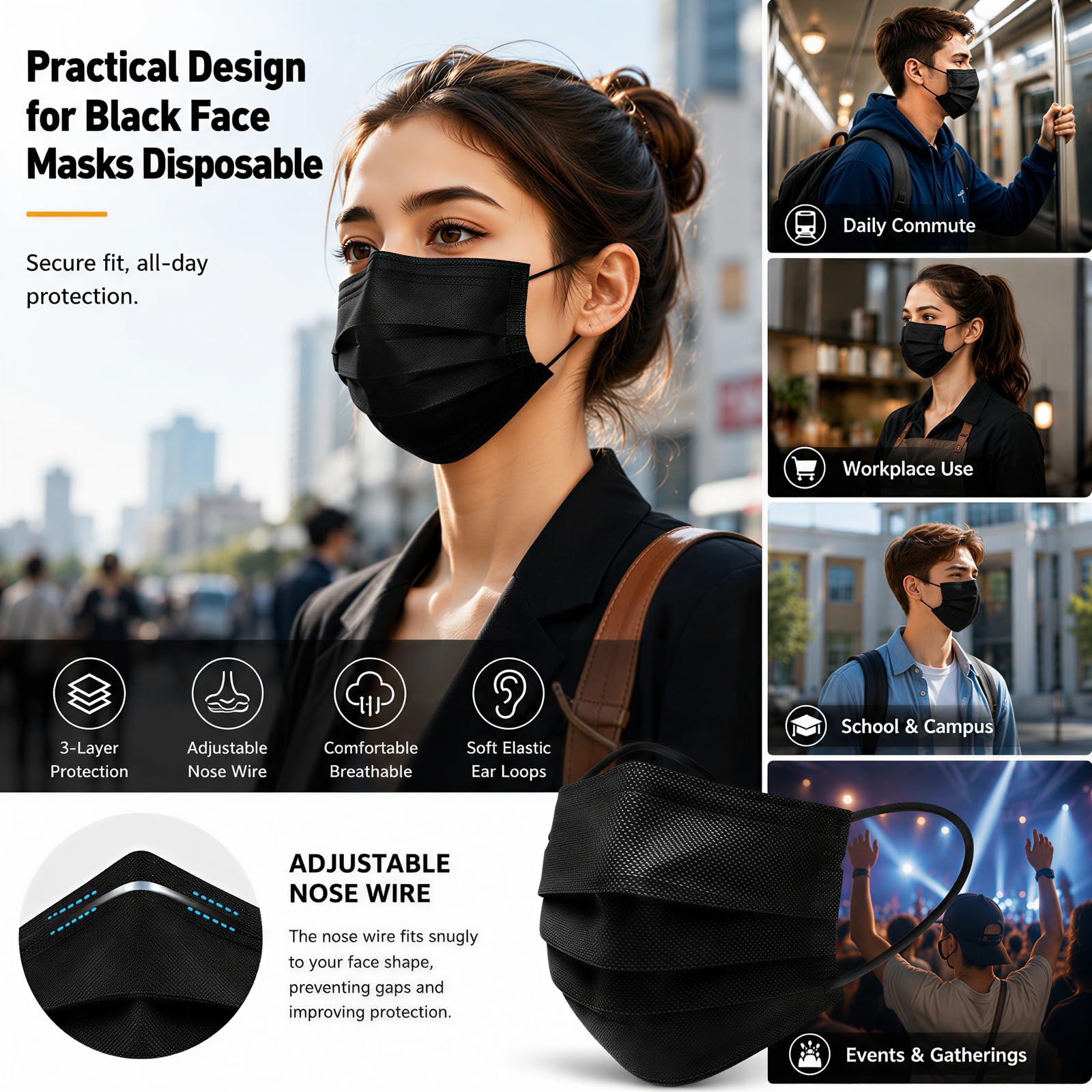 Hyegiir 3 Ply 500PCS Disposable Face Masks Individually Wrapped For Daily Protection (500pcs Black Mask)
