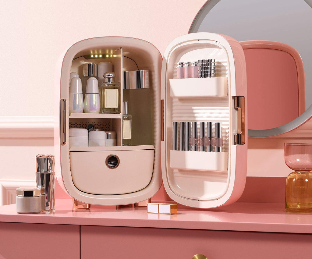 Cooluli Beauty 12L Makeup Fridge - Pink Mini Fridge for Skin Care Accessories, Cosmetics and Facial Masks Storage - Interior LED Lights - for Women & Teen Girls Room