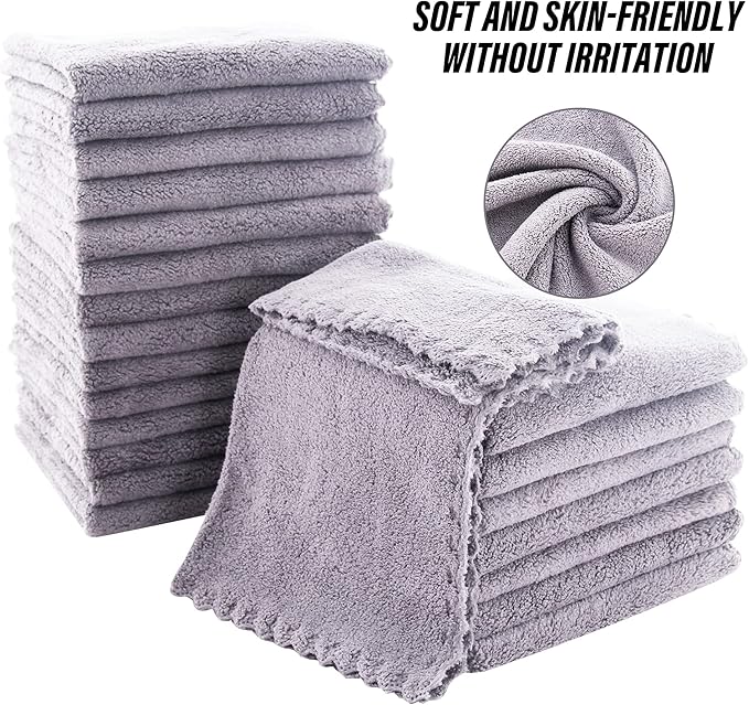 MOONQUEEN Ultra Soft Premium Washcloths Set - 12 x 12 inches - 24 Pack - Quick Drying - Highly Absorbent Coral Velvet Bathroom Wash Clothes - Use as Bath, Spa, Facial, Fingertip Towel (Light Grey)
