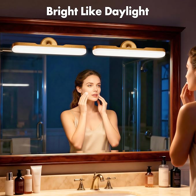 cambk Set of 2 Wireless Vanity Makeup Lights for Mirror, Rechargeable LED Stick On Light Bar for Bathroom Mirror with Dimmable 3 CCT, Long Battery Life Cordless Light for Vanity Desk(Gold)