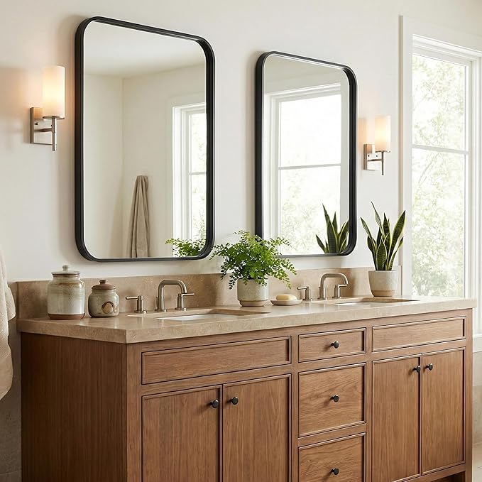 Pocetry 2-Pack 24x30 Inch Matte Black Rounded Rectangle Vanity Mirrors