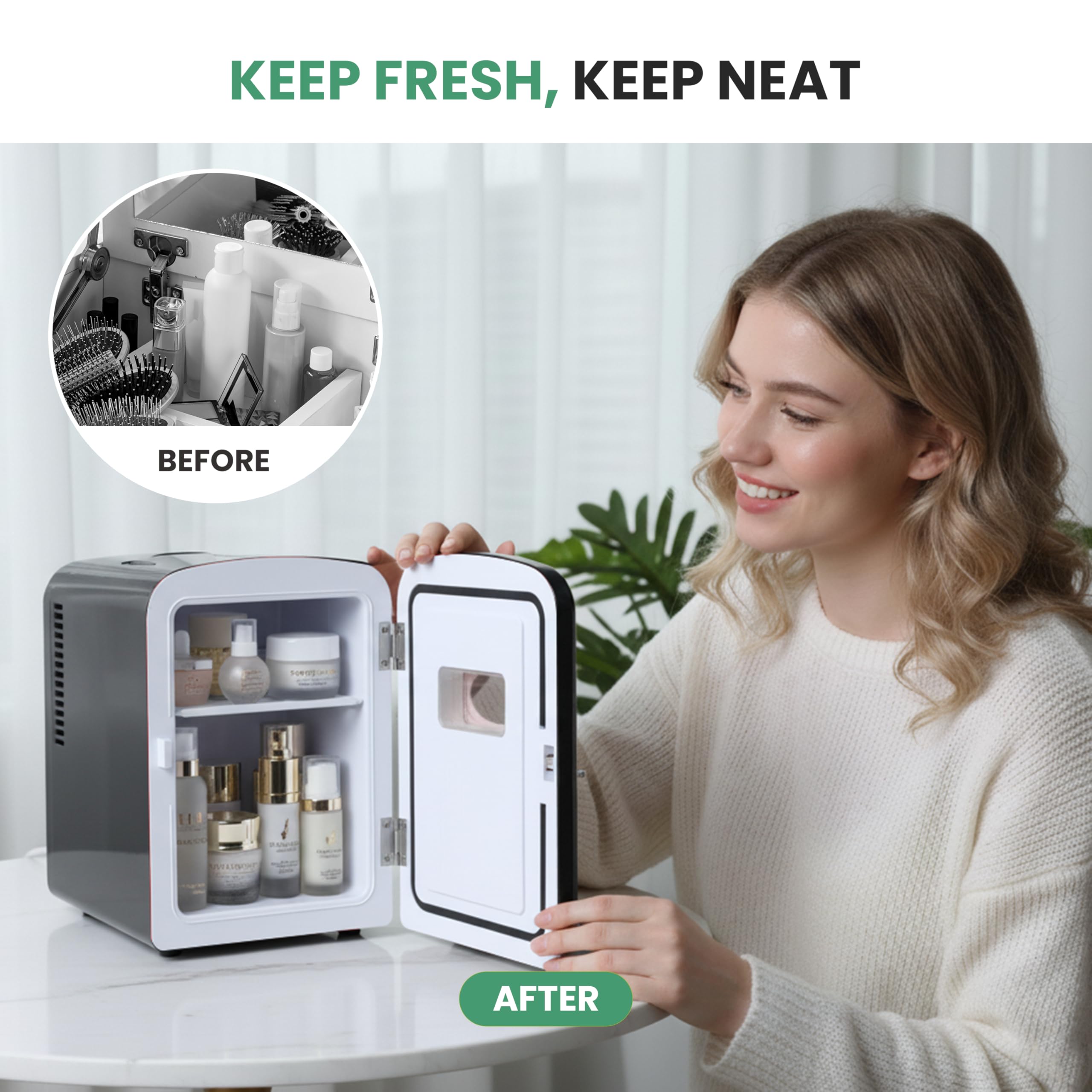Simple Deluxe 4 Liter/6 Can Mini Fridge with Observation Window, Compact Freon-Free Small Refrigerator, Portable Cooler & Warmer for Skincare, Beverage, Food, Cosmetics, Black