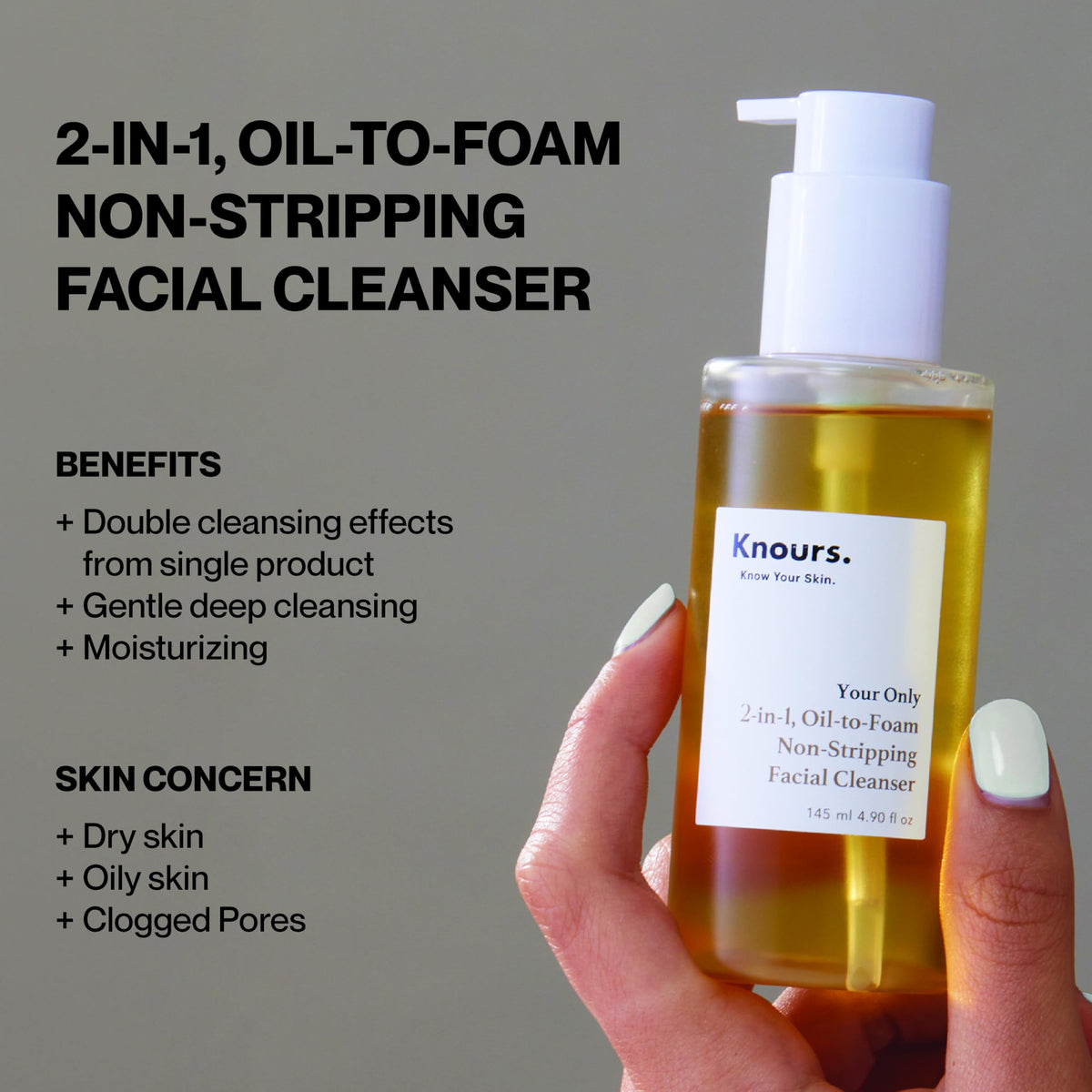 Knours. Korean 2-in-1 Makeup Remover | Oil-to-Foam Non-Stripping Cleanser | Jojoba + Honey | Non-Drying | 145ml/4.97oz