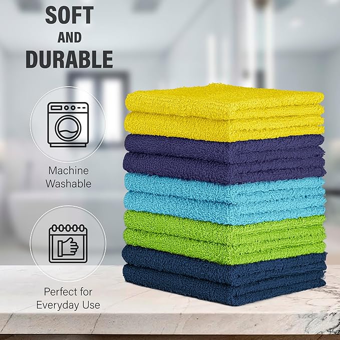 DecorRack 100% Cotton Washcloths 12x12 in, Assorted Set 3 (10 Pack)