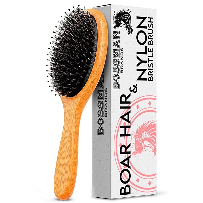 Bossman Men's Boar and Nylon Bristle Hair and Beard Brush - Detangling & Straightening Wooden Oval Wet Brush - Ergonomic Bamboo Design