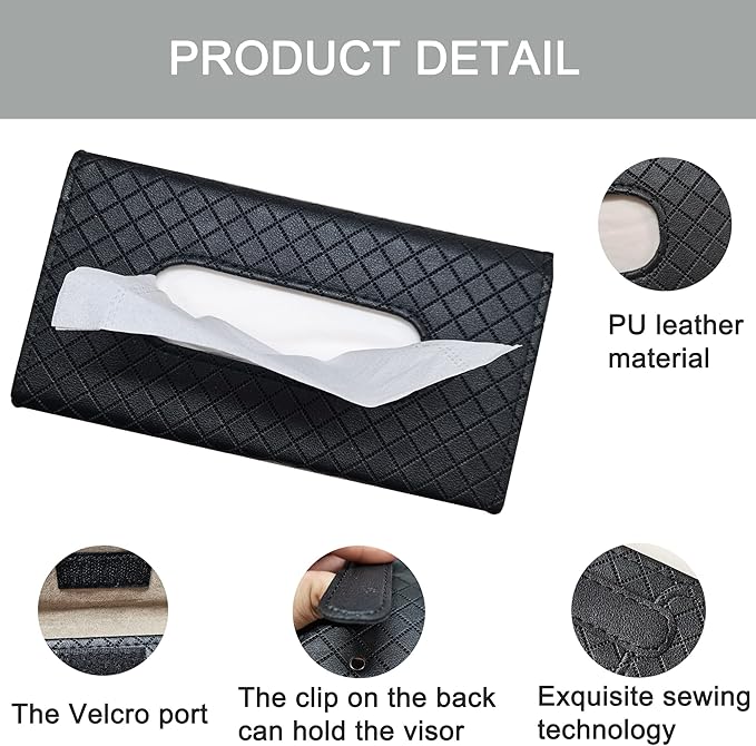 Car Sun Visor Tissue Holder, 2 Pack Vehicle Napkin Box, Premium PU Leather, Car Mask Holder for Sun Visor Vehicle, with Tissue Refill, Black