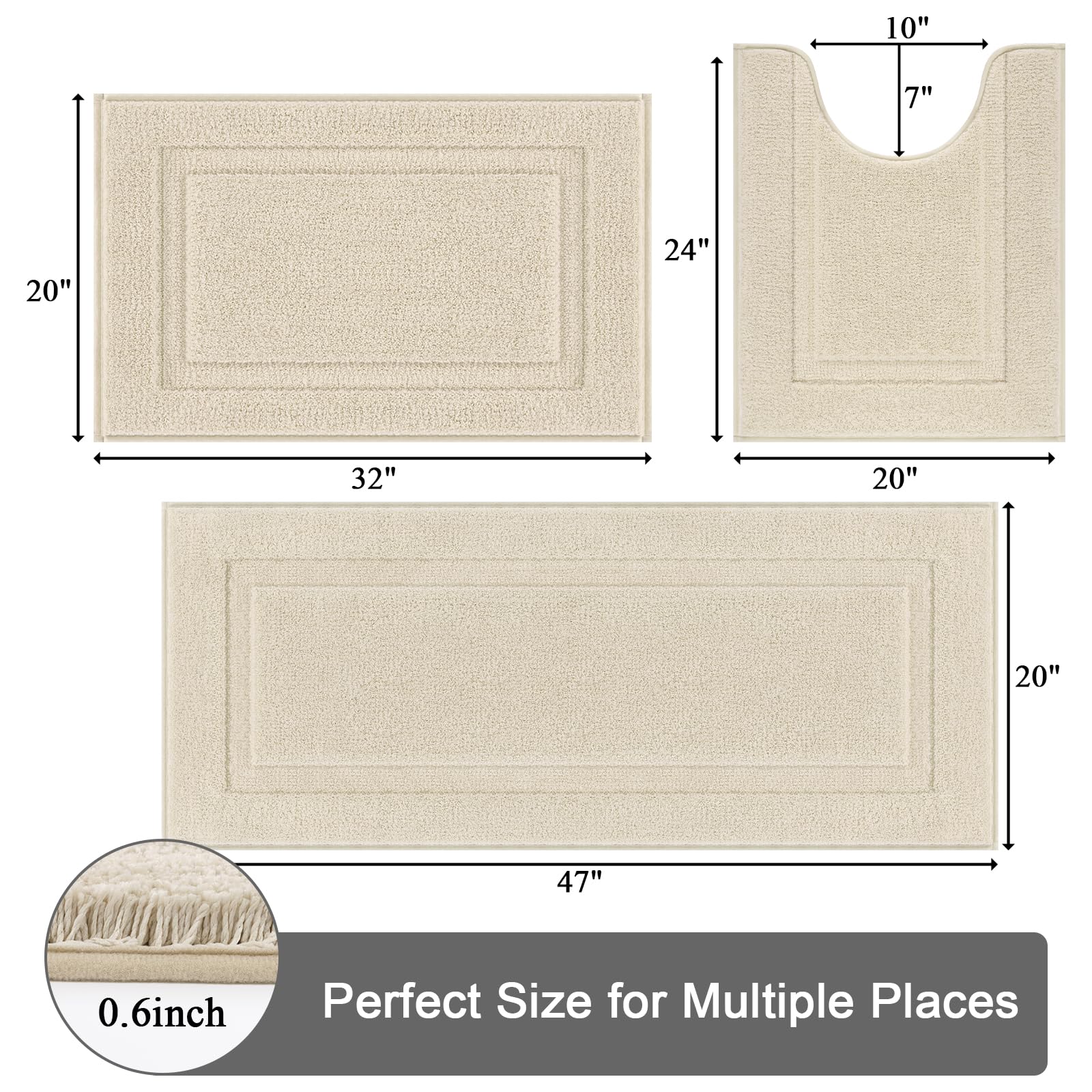 SHACOS Light Beige Bathroom Rugs Sets 3 Piece Bath Mat U Shaped Toilet Rug