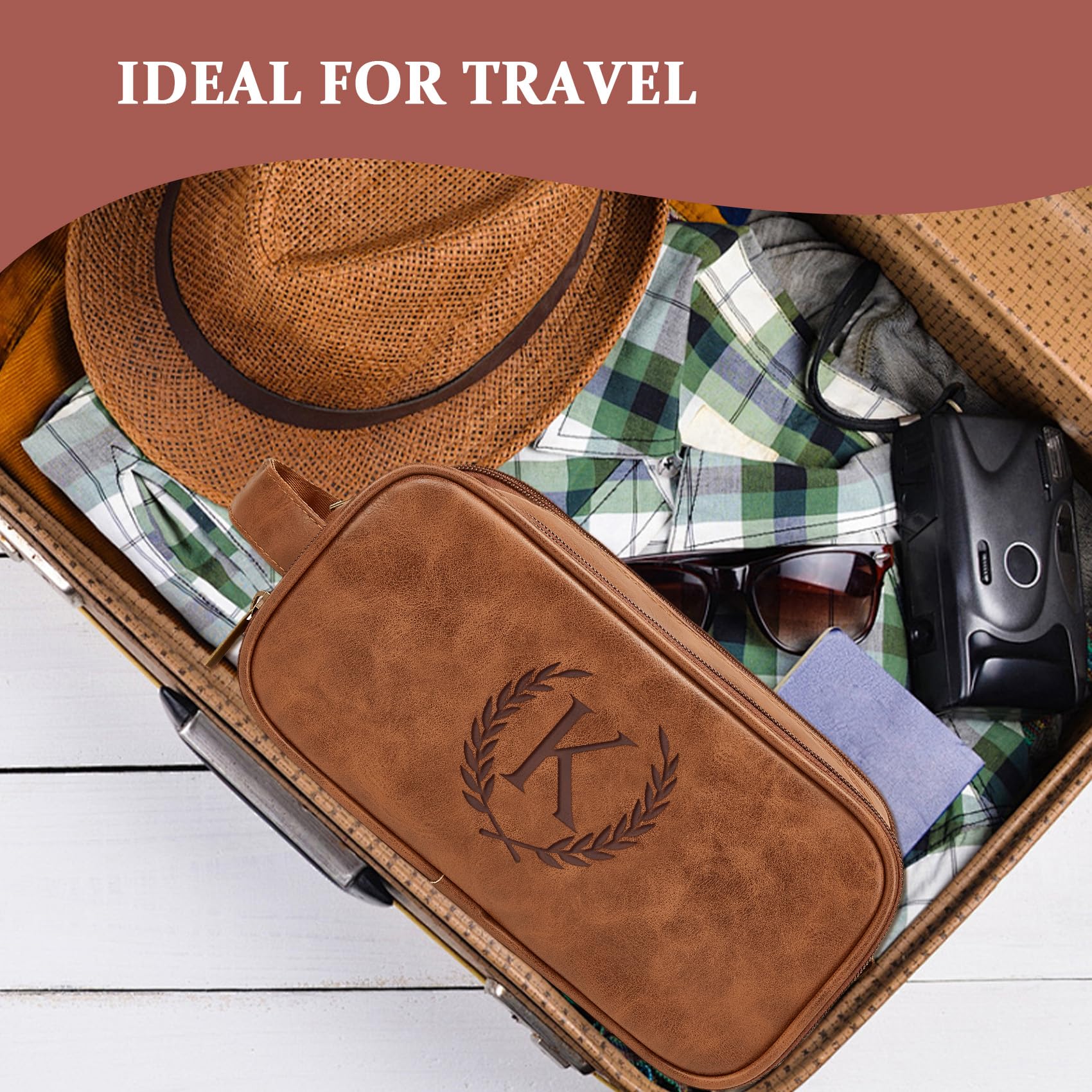 Travel Toiletry Bag For Mens PU Leather Engraved Initials (Yellow Brown M)