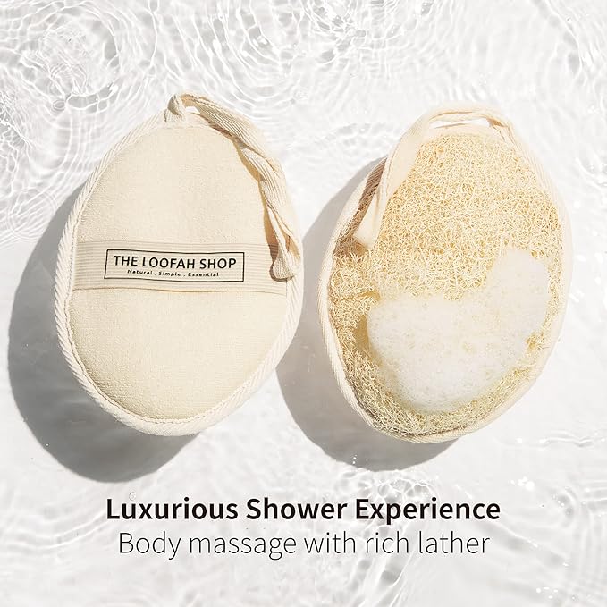 The Loofah Shop Bath Loofah Sponge, Exfoliating Body Scrubber, Shower Luffa for Men, Women and Kids Made of Eco-Friendly Natural Egyptian Loofah with Cotton Travel Pouch, 7" x 5.25" (2pack 4pcs)