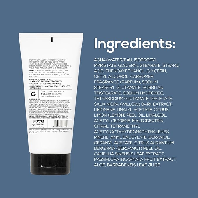 MARLOWE. No. 123 Facial Moisturizer for Men, 6 oz, Daily Face Lotion with Aloe Vera & Green Tea Extract, Hydrates, Nourishes, Restores & Soothes, Lightweight, Non-Greasy, Fresh Aloe Citron Scent