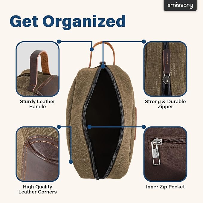 emissary Men's Canvas Travel Toiletry Bag, Leather Dopp Kit - Brown