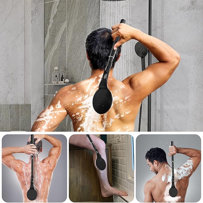 Back Scrubber for Shower, 17.52" - 25.7” Telescopic Back Washer for Shower with Anti-Slip Long Handle, Soft Nylon Bristles, Detachable Back Brush for Shower for Men Women Elderly