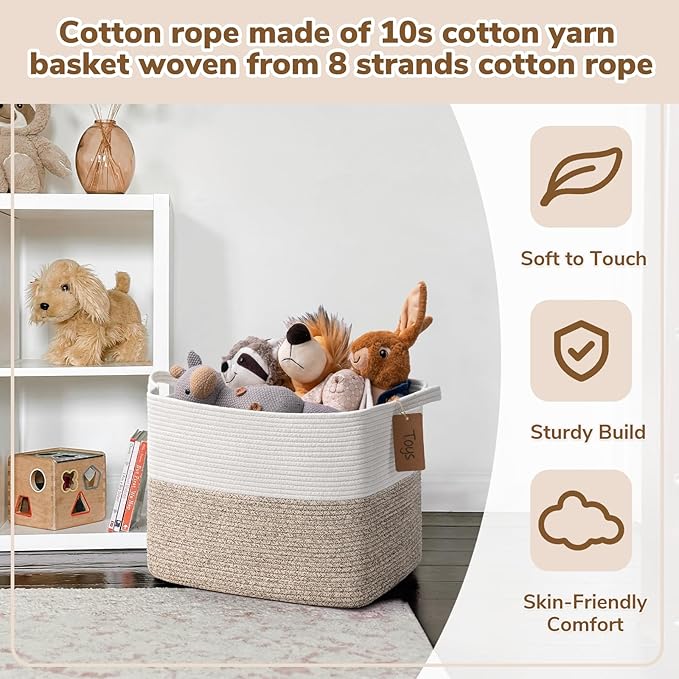 Goodpick Woven Storage Baskets for Organizing, Blanket Basket Living Room, Rope Baskets for Storage, Rectangle Toy Basket With Handles, Brown and White, 18 x 14 x 12 Inches