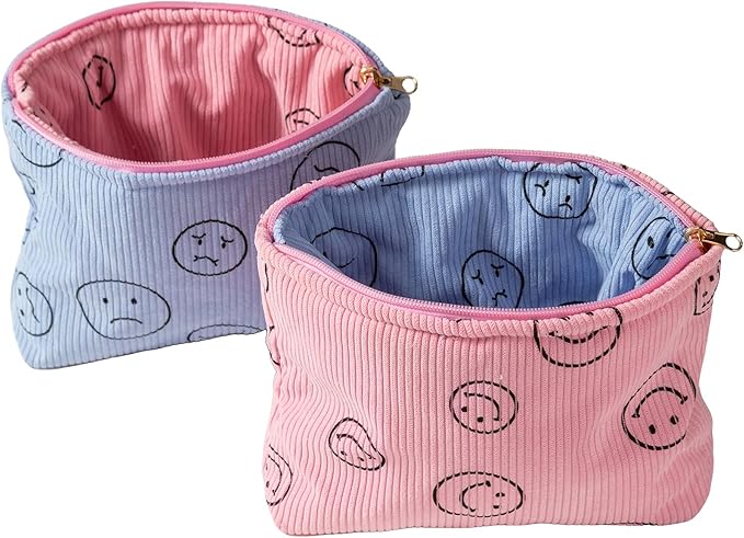Gardsell Cosmetic Bags for Women - Corduroy Cosmetic Bag Aesthetic Women Handbags Purses Smile Dots Makeup Organizer Storage Makeup Bag Girls Case Bags (Double Pink Blue)
