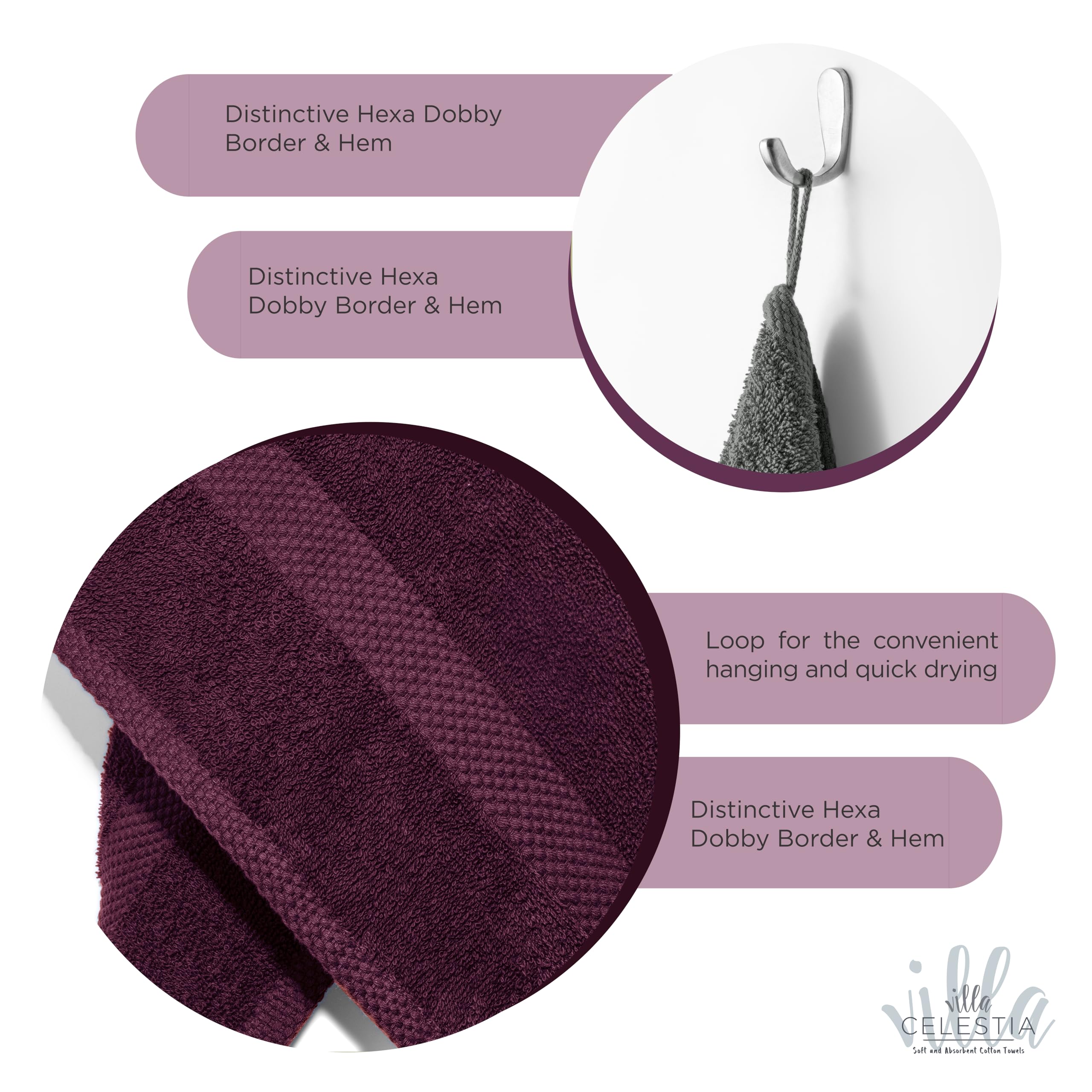 Villa Celestia 18-Piece 100% Cotton Towel Set, 4 Bath Towels, 6 Hand Towels, 8 Wash Cloth, Quick-Dry, Burgandy