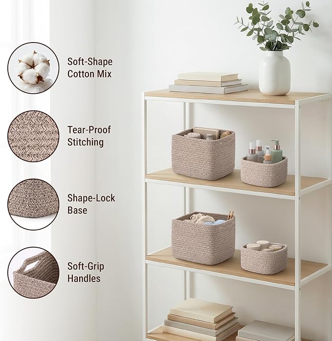 5-Pack Storage Cubes Woven Rope Baskets - 2 Sizes Organizer Bins for Closet, Shelf, Bookshelf, Nursery, Changing Table, Cube Storage Bins, Storage Baskets for Bathroom Toy & Home