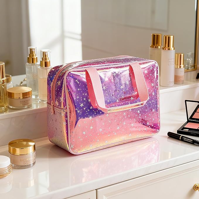TotePrint TPU Holographic Pink Star Large Cosmetic Bag 12x5x8 inch Travel Pouch with Handle,Durable Material,Zipper Design-Ideal for Makeup,Travel Essentials (9593-8)